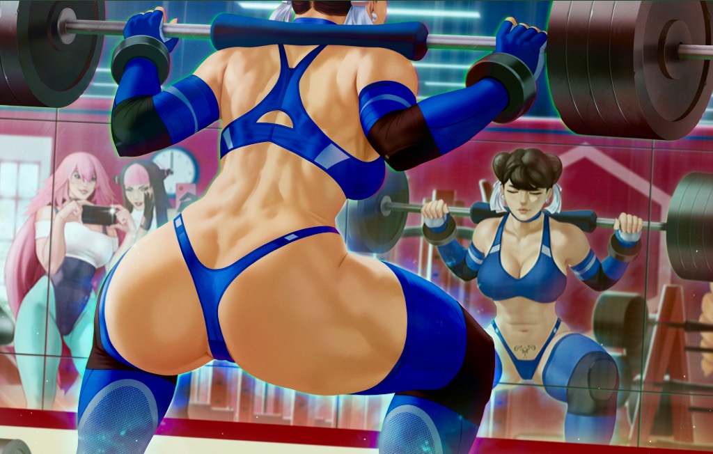 3_girls alluring arms big_ass big_breasts breasts brunette bubble_butt capcom chun-li cleavage clothed dat_ass elbow_gloves exercising fingerless_gloves from_behind juri_han knee_pads legs legs_spread leotard long_hair mirror muscle muscular_female phone pink_hair poison round_ass sexy slut sports_bra squatting stockings street_fighter themaestronoob thick thick_ass thick_thighs thong toned two_tone_hair weightlifting wide_hips