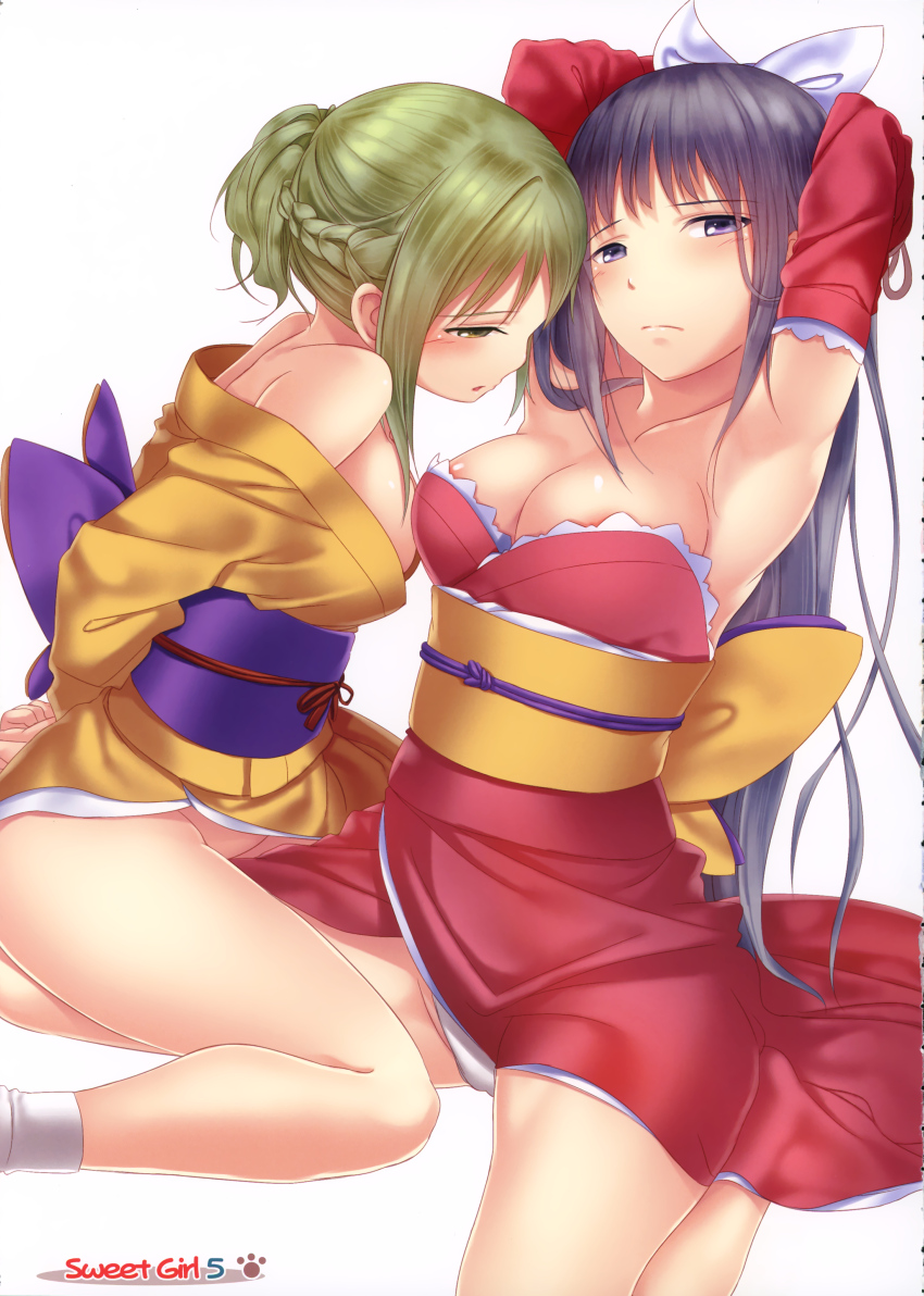 2_girls absurd_res arm armpits arms arms_behind_back arms_behind_head arms_up art artist_request back bare_legs bare_shoulders blue_hair blush bondage bottomless braid breasts cleavage collarbone detached_sleeves female frottage green_eyes green_hair hair_ribbon high_res japanese_clothes kimono legs long_hair looking_at_another looking_at_viewer multiple_girls neck no_panties off_shoulder open_mouth panties ponytail purple_eyes ribbon sad short_hair sitting sitting_on_person socks tagme tied white_panties yukata yuri