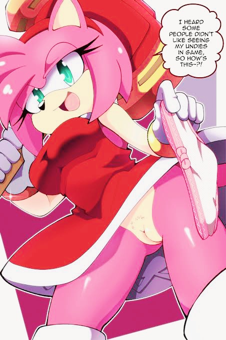 amy_rose anthro big_breasts bottomless breaking_the_fourth_wall breasts dialogue dress euf-dreamer hammer hedgehog innie_pussy panties pink_fur pink_hair pink_panties pussy sega sega small_breasts weapon