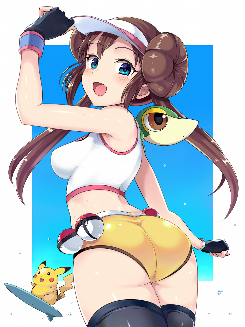 1girl 1girl 1girl :3 :d ass big_ass big_breasts breasts brown_hair clothed_female female_focus female_only kasai_shin long_hair looking_at_viewer nintendo pikachu pokeball pokemon pokemon_bw2 rosa_(pokemon) sideboob snivy solo_focus surfing tagme tagme:3 teen thick_thighs thighs tight_clothing video_game_character video_game_franchise visor_cap