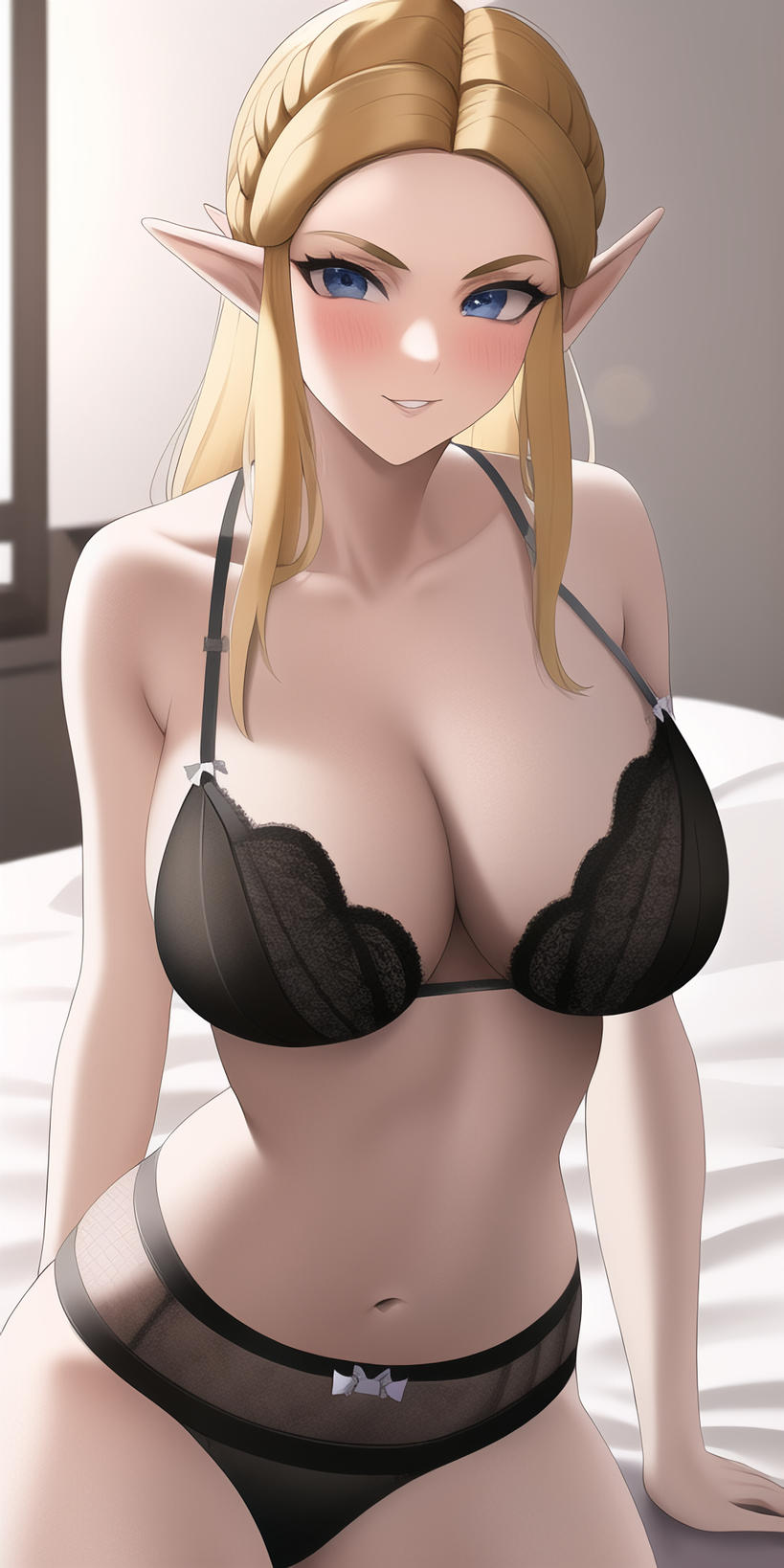 1girl alluring anime_lingerie big_breasts bikini black_bra black_panties blonde_hair breasts female_only hands_on_bed hylian hylian_ears long_hair nightcore_(artist) nintendo open_mouth princess princess_zelda sitting sitting_on_bed smile solo_female teeth the_legend_of_zelda thick_body upper_body video_game_character yellow_eyebrows