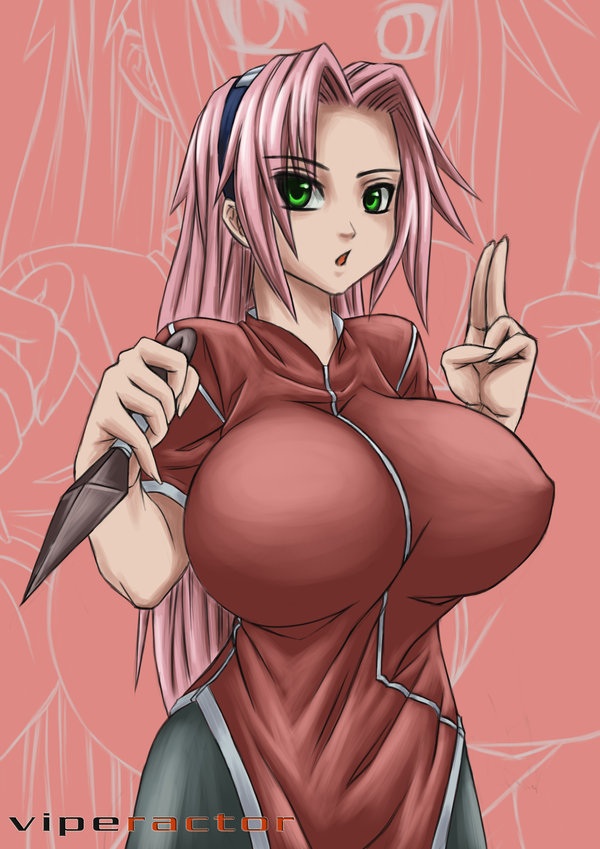 1girl arm bare_shoulders belly big_breasts breasts bust busty clothes elbow eyebrows eyelashes female fingers forehead_protector girl green_eyes hair hand_sign hands headband hips huge_breasts kunai kunoichi long_hair naruto neck ninja nipple pink_background pink_hair sakura_haruno shoulders solo spiky_hair stomach thighs throat viperactor_(artist) young