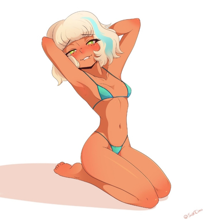 1girl aged_up alluring bare_shoulders barefoot bikini blonde blonde_hair blush curvy disney disney_channel disney_xd female_only freckles green_bikini green_bikini_bottom green_bikini_top hourglass_figure jackie_lynn_thomas naughty_face naughty_smile short_hair star_vs_the_forces_of_evil tan tanned teen tomboy unknown_artist yellow_eyes young