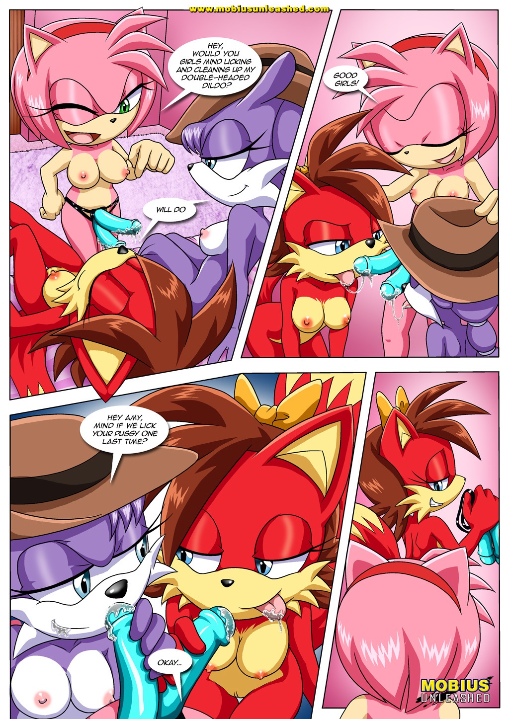 amy's_secret amy_rose archie_comics bbmbbf comic double_strap-on fiona_fox licking mobius_unleashed nic_the_weasel nicolette_the_weasel palcomix sega sex sonic sonic_(series) sonic_the_hedgehog_(series) strap-on text yuri