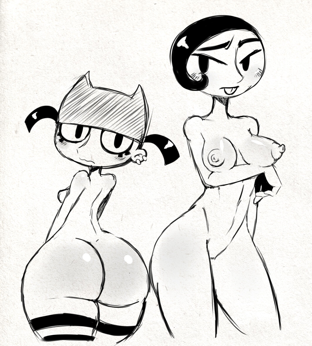 2_girls ass blush breasts brit_crust ear_rings female_only hair hat headgear looking_back monochrome multiple_girls my_life_as_a_teenage_robot nipples nude short_hair shy sssonic2 stockings striped tiff_crust twin_tails white_background wide_hips