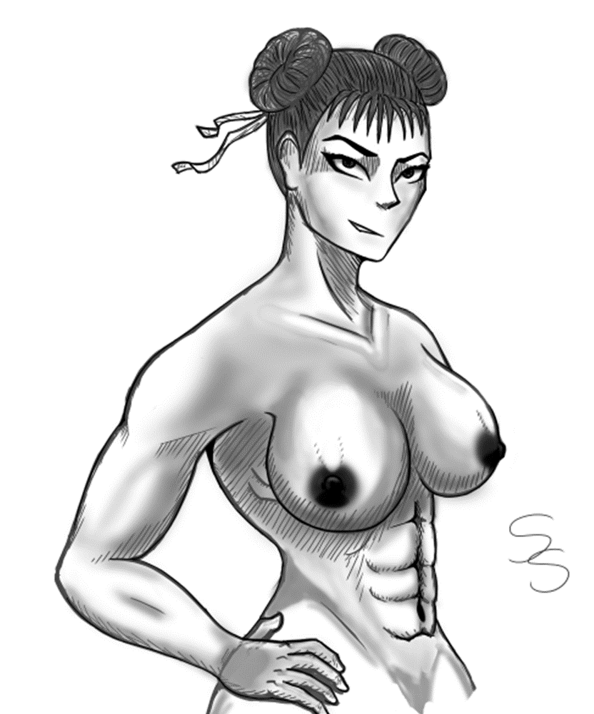 1girl abs areola areola big_breasts black_hair breasts chun-li completely_nude completely_nude_female female_only looking_at_viewer muscular muscular_female nude nude_female sideboob street_fighter