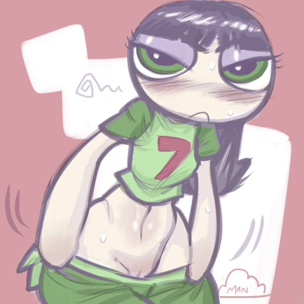 1girl angry black_hair blush bottomless buttercup embarrassing green_eyes hairless_pussy long_hair pants_down powerpuff_girls pussy solo undressing