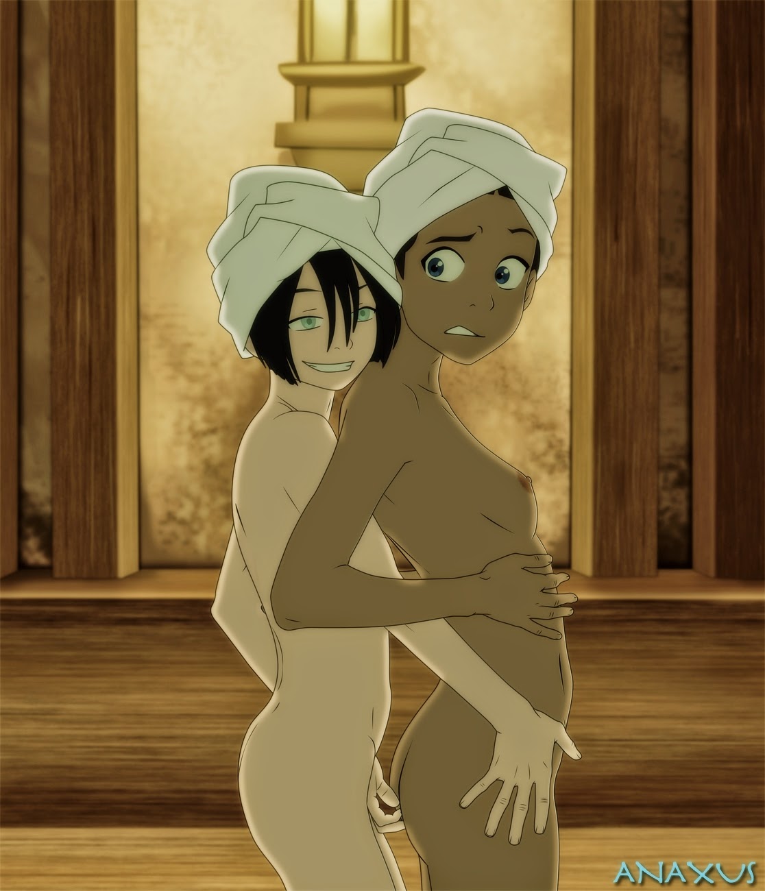 2_girls 2girls anaxus avatar:_the_last_airbender fingering from_behind katara multiple_girls naked_towel small_breasts smile toph_bei_fong towel towel_on_head yuri
