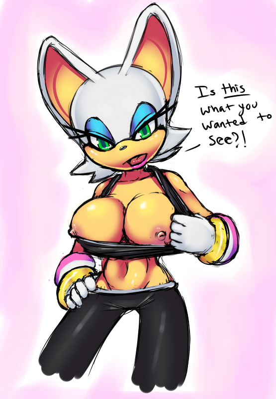 1girl 2014 anthro areola bat belly big_breasts breasts drxsmokey_(artist) english_text erect_nipples exposed_breasts female female_only flashing furry green_eyes hair large_breasts mammal midriff navel nipples rouge_the_bat sega solo sonic_(series) text white_hair