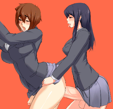 2girls ahegao animated animated_gif black_hair breasts brown_hair closed_eyes foreskin futa_with_futa futanari gif hair huge_penis intersex large_breasts large_penetration long_hair lowres mafen multiple_girls open_mouth penis school_uniform sex short_hair simple_background skirt smile testicles thick_thighs thighs tongue uncensored