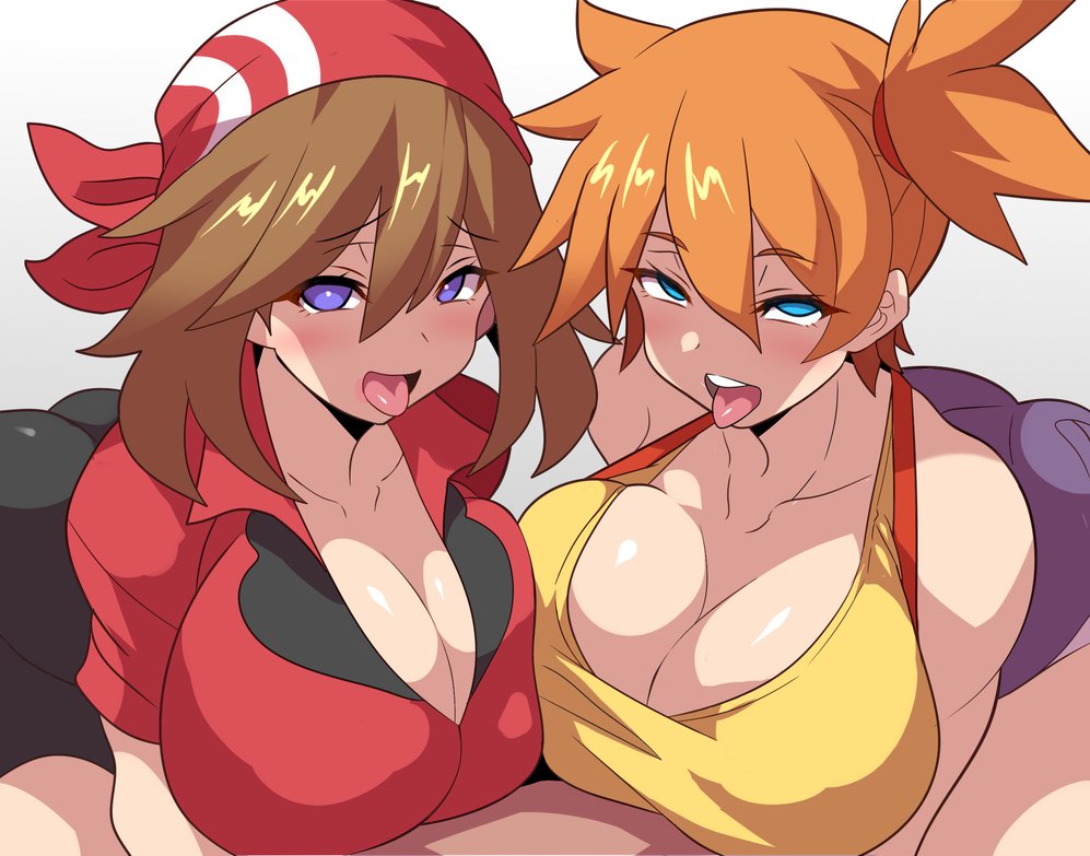 2_girls 2girls ahegao before_sex blue_eyes brown_hair clothed eyebrows_visible_through_hair female female_human haruka_(pokemon) horny horny_face huge_ass huge_breasts human kasumi_(pokemon) konno_tohiro may may_(pokemon) misty naughty_face open_mouth orange_hair pokemon tongue_out