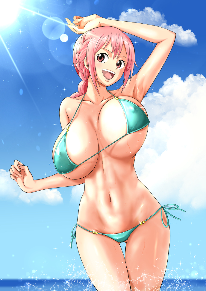 1girl alluring arms_up big_breasts bikini blue_sky bouncing_breasts breasts cleavage long_hair looking_at_viewer minpei_ichigo nipple_bulge one_piece open_mouth pink_hair rebecca_(one_piece) teen teen