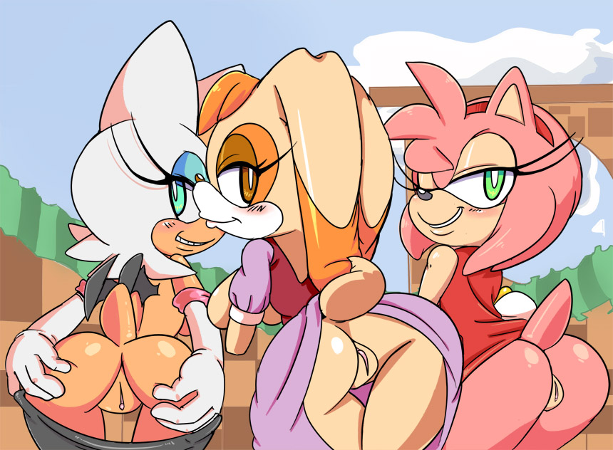 3girls amy_rose animal_ears ass blue_eyes blush breasts brown_eyes bunny_ears cloudz furry green_eyes hair looking_at_viewer looking_back milf multiple_girls pink_hair pussy rouge_the_bat short_hair smile sonic_(series) tail vanilla_the_rabbit wings