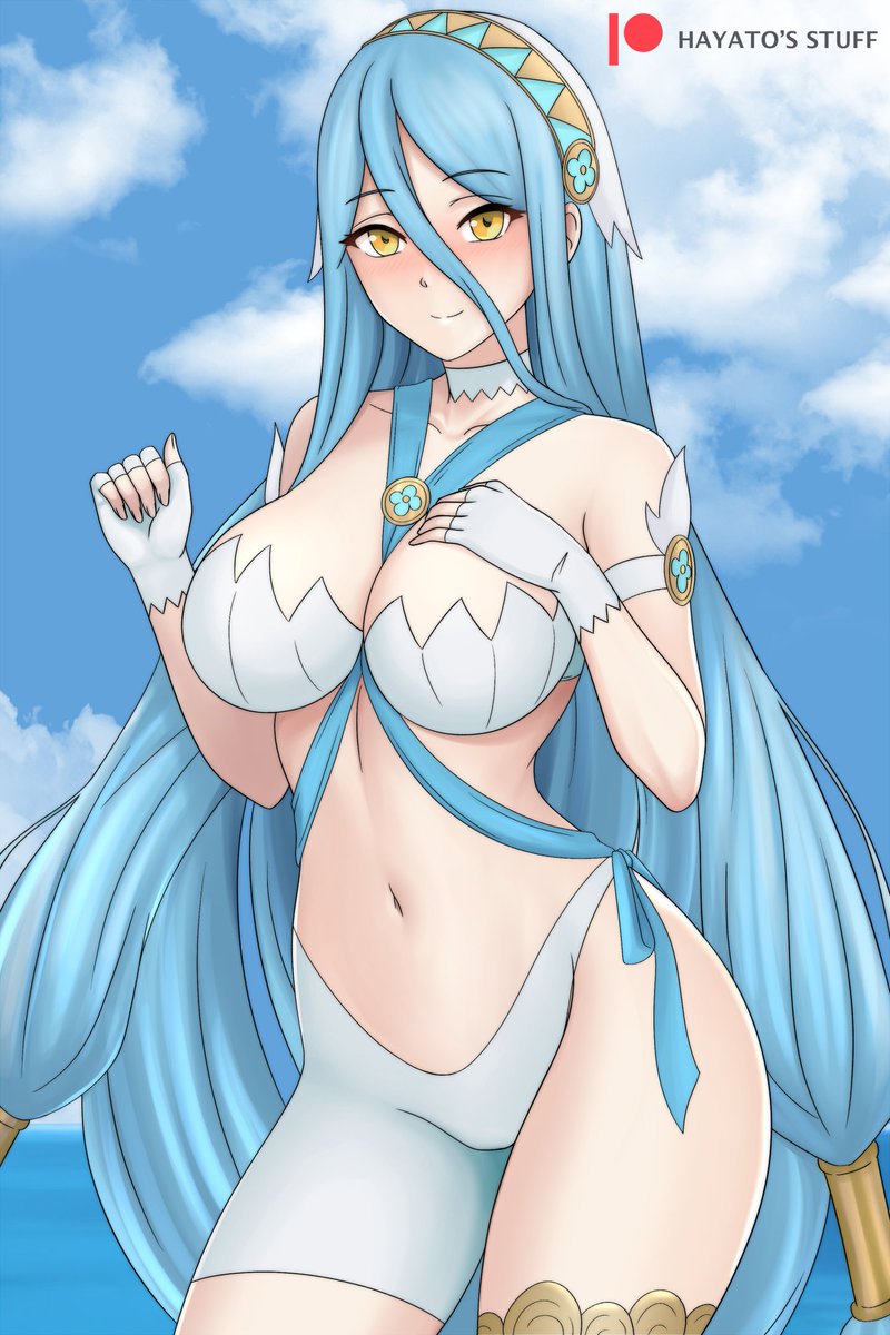 1girl adapted_costume alluring alternate_costume azura azura_(fire_emblem) bare_thighs big_breasts bikini blue_hair breasts cleavage female_only fingerless_gloves fire_emblem fire_emblem_fates gloves hair_between_eyes hand_on_own_chest hayato_stuff light_blue_hair long_hair looking_at_viewer nintendo ocean outside smile swimsuit thighs very_long_hair white_bikini white_swimsuit yellow_eyes