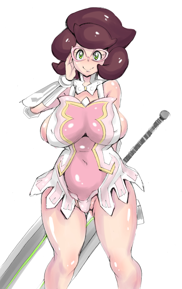 1_girl 1girl alternate_costume bespectacled big_breasts bikini bikini_armor breasts cattleya cosplay female female_human female_only female_solo game_freak glasses green_eyes human impossible_clothes looking_at_viewer nintendo pokemon queen's_blade revealing_clothes solo solo_female standing sword weapon white_background wicke wicke_(pokemon)