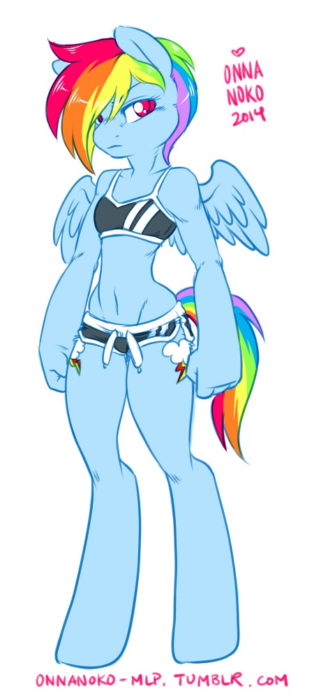 2014 anthro clothing cutie_mark equine female friendship_is_magic frown hasbro hooves horse looking_at_viewer mane my_little_pony navel onnanoko pegasus rainbow_dash rainbow_dash_(mlp) rainbow_hair shirt short_shorts shorts skimpy small_breasts solo stripes tail tank_top wide_hips wings