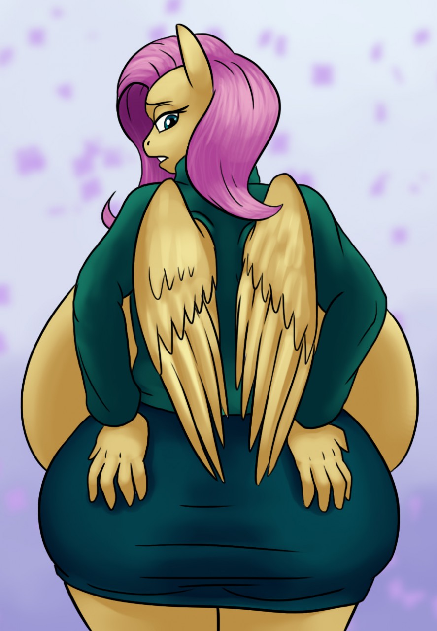 1girl 2015 abstract_background big_breasts breasts clock-face clothed clothing equine flutterfwoomp_(comic) fluttershy friendship_is_magic hair hand_on_butt hasbro huge_breasts hyper hyper_breasts looking_back mammal my_little_pony pegasus rear_view wings