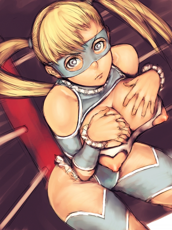 1girl arena blonde_hair blue_eyes breast_suppress breasts capcom cleavage fumio_(rsqkr) humio large_breasts light_skin long_hair mask nippleless_clothes nippleless_clothing nipples rainbow_mika solo street_fighter street_fighter_zero street_fighter_zero_3 twintails