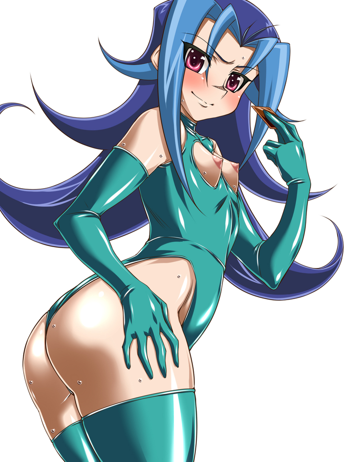 1girl 1girl 1girl angry angry_face arm arms_up ass ass_focus blue_hair blush bodysuit breasts dark_blue_hair erect_nipples erection female_human female_only grin hair hajime_shindo hands_on_hips holding holding_card holding_cards holding_object kamishiro_rio long_hair looking_at_viewer nipples red_eyes skin_tigh_suit skin_tight skin_tight skintight_bodysuit skintight_suit small_breasts smile solo_female solo_focus stockings thick_ass thick_thighs thighs white_background yu-gi-oh! yu-gi-oh!_zexal yuu-gi-ou yuu_gi_ou!_zexal