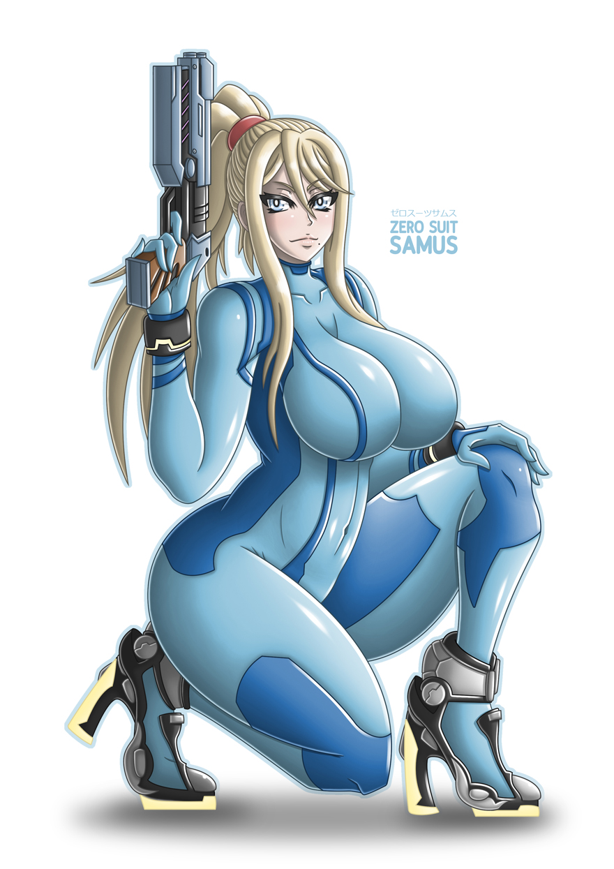 1girl arched_back bangs blonde_hair blue_eyes bodysuit breasts cleavage crouching gun hair_between_eyes hand_on_knee high_heels holding_weapon huge_breasts looking_at_viewer metroid mole mole_under_mouth ponytail samus_aran simple_background takilmar thick_thighs thighs weapon zero_suit
