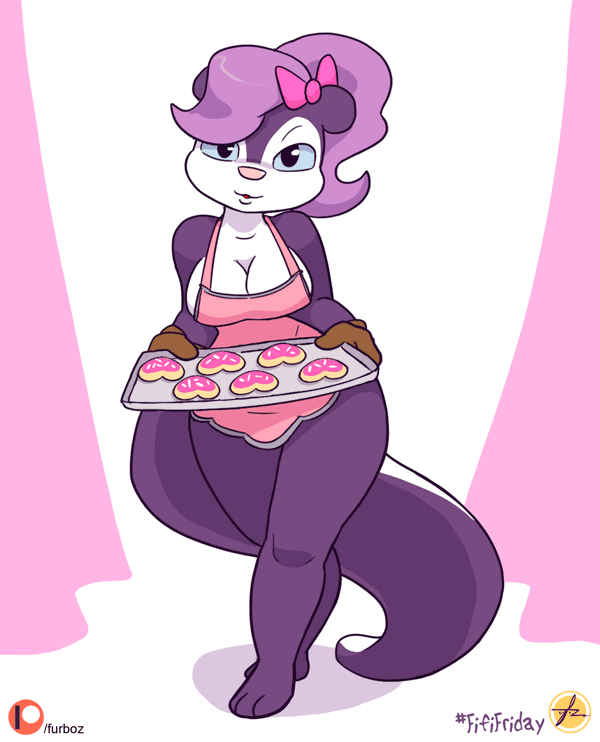 &lt;3 1girl anthro apron apron_only big_breasts bow breasts cleavage clothed clothing cookie cookies fifi_la_fume food fur furboz furry gif hair jiggle looking_at_viewer loop mammal mephitid mostly_nude multicolored_body multicolored_fur naked_apron purple_body purple_fur purple_hair short_playtime skunk tiny_toon_adventures tray warner_brothers white_body white_fur wide_hips