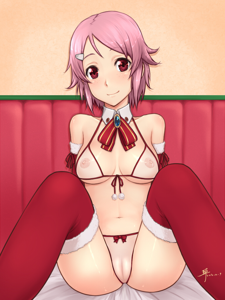 1girl 1girl 1girl adam700403 bare_shoulders bikini blush breasts clavicle dan_(kumadan) detached_collar freckles front-tie_top hair_ornament light-skinned lisbeth looking_at_viewer navel nipples pink_hair red_eyes red_legwear sao see-through shiny shiny_skin sitting small_breasts smile stockings swimsuit sword_art_online transparent_clothes white_bikini white_swimsuit