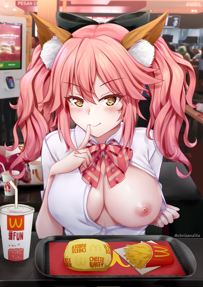 animal_ear_fluff bangs blush breast_slip chrisandita closed_mouth collared_shirt exhibitionism eyebrows_visible_through_hair fate_(series) finger_to_mouth flashing food long_hair looking_at_viewer mcdonald's one_breast_out one_breast_out_of_clothes open_clothes pink_hair presenting_breasts tamamo_no_mae_(fate) twin_tails yellow_eyes