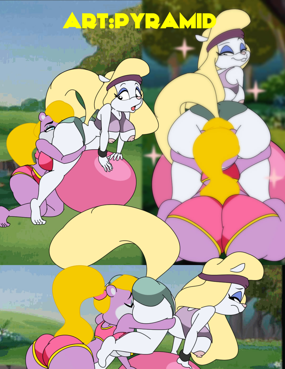 2_girls all_fours animaniacs ass_focus back ball berri big_ass big_breasts breasts_outside conker's_bad_fur_day face_in_ass furry huge_ass minerva_mink pushing_ass pyramid_(artist) rimming_female short_shorts sportswear yuri