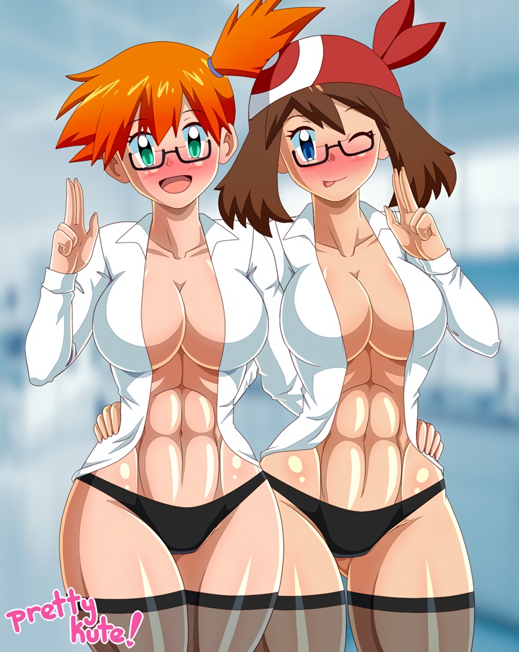 2_girls abs alluring alternate_breast_size asymmetrical_hair athletic_female big_breasts blue_eyes blush breasts brown_hair coat cowboy_shot creatures_(company) female_abs fit_female game_freak green_eyes gym_leader hand_on_another's_hip hand_on_hip haruka_(pokemon) humans_of_pokemon kasumi_(pokemon) labcoat looking_at_viewer may_(pokemon) misty misty_(pokemon) multiple_girls nintendo one_eye_closed open_mouth orange_hair pk-studios pokemon pokemon_(anime) pokemon_(game) pokemon_diamond_pearl_&amp;_platinum pokemon_dppt pokemon_red_green_blue_&amp;_yellow pokemon_rgby pokemon_rse ponytail short_hair side_ponytail stockings thank_you thick_thighs thighs thong tomboy toned tongue tongue_out wet wide_hips wink