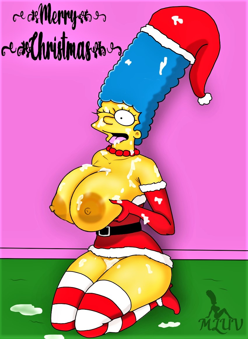 blue_hair cum_on_body cum_on_face erect_nipples huge_breasts kneel large_areolae marge_simpson pearls santa_costume stockings the_simpsons thighs yellow_skin