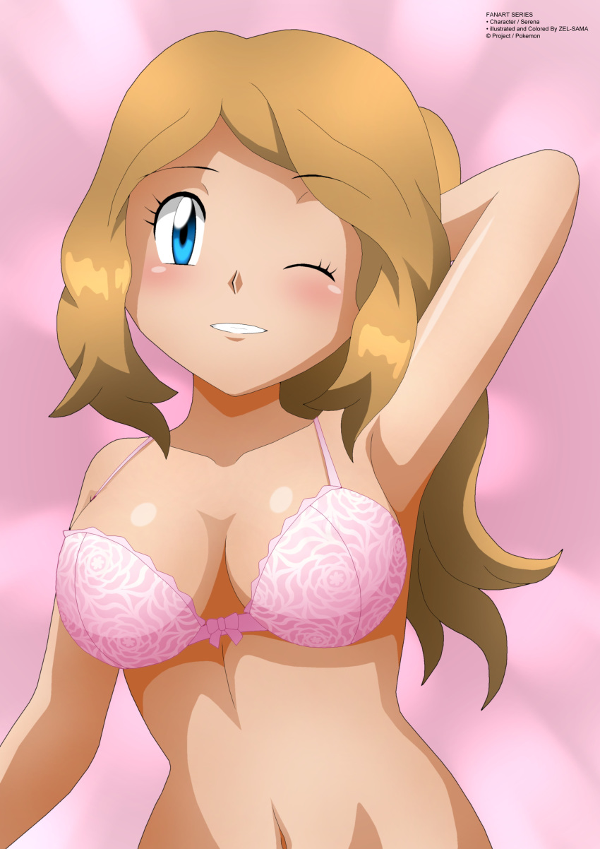 1girl alluring bare_shoulders belly big_breasts blonde_hair blue_eyes blush bra breasts female_only grin high_res high_resolution human human_only light-skinned_female light_skin long_hair looking_at_viewer nintendo one_eye_closed open_eyes open_mouth pokemon pokemon_xy serena_(pokemon) smile solo_female stomach teeth uncensored zel-sama