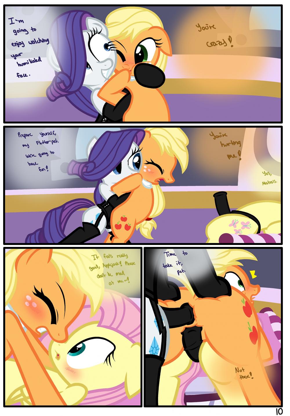 applejack bondage comic double_penetration fluttershy friendship_is_magic my_little_pony pyruvate rarity_(mlp) strap-on the_usual