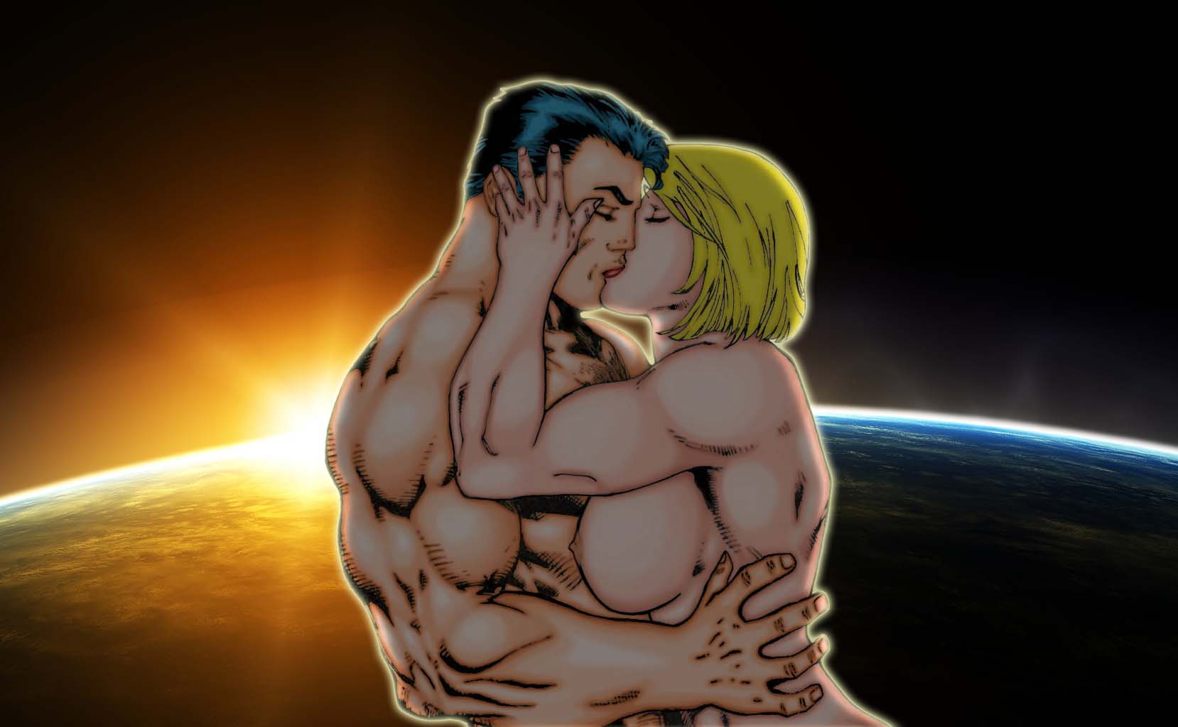babe big_breasts black_hair blonde_hair breasts closed_eyes crazykong dc_comics earth female hair hand_on_head hugging justice_league kissing lipstick love male male/female muscle muscles muscular muscular_female muscular_male nipples nude outer_space power_girl short_hair space sun sunrise superman superman_(series)