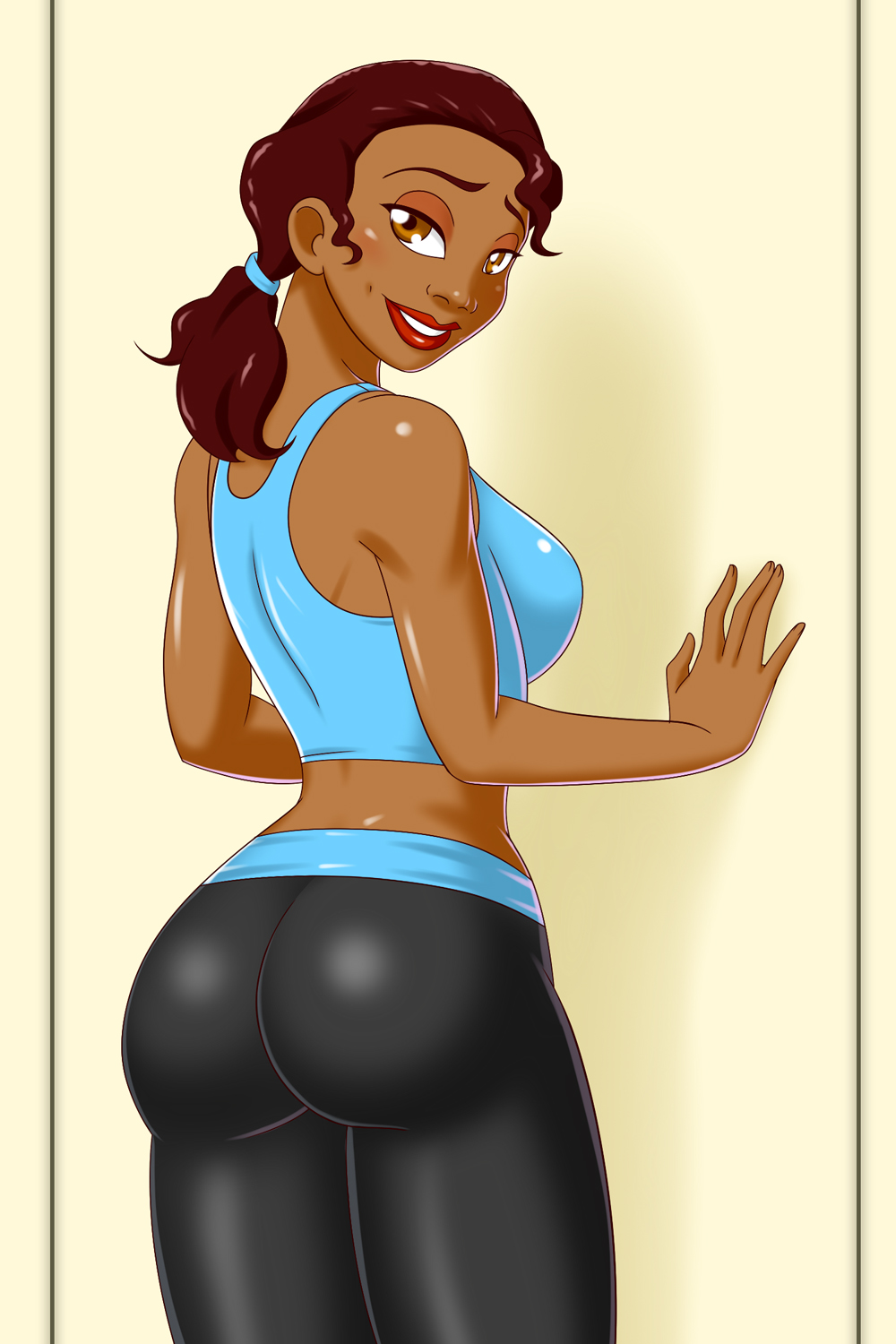 ass big_breasts bluebullpen breasts cosplay dark-skinned_female dark_skin disney looking_at_viewer nintendo princess_tiana smile the_princess_and_the_frog wii_fit wii_fit_trainer