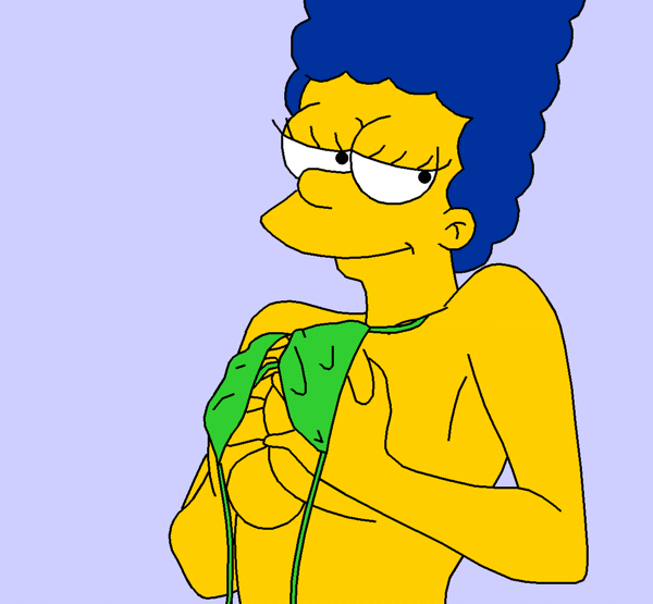 big_breasts bikini_top blue_hair gif marge_simpson milf smile squeezing_breasts the_simpsons yellow_skin