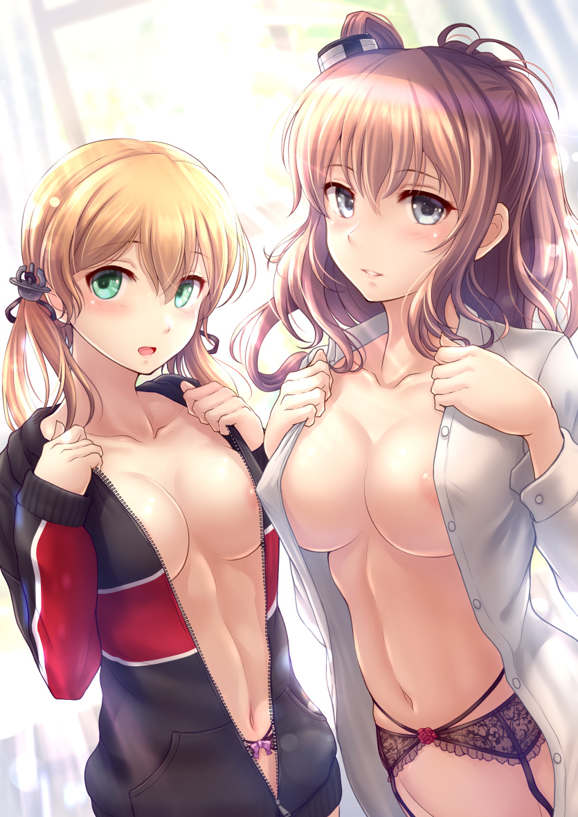 1girl 2_girls anchor_hair_ornament big_breasts black_garter blonde blouse blue_eyes blush breasts brown_hair clavicle garter_straps green_eyes hair_ornament indoors jacket kantai_collection lingerie long_sleeves looking_at_viewer medium_breasts multiple_girls navel no_bra one_side_up open_blouse open_clothes open_jacket open_mouth prinz_eugen_(kantai_collection) ryu-akt saratoga_(kantai_collection) tied_hair twin_tails two-tone_jacket white_blouse