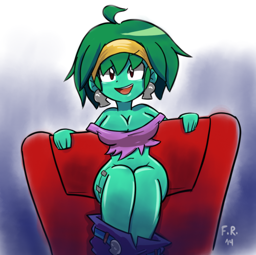 1girl 2014 black_eyes bottomless breasts chair cleavage ear_rings green_hair green_skin monster no_panties pants_down rottytops shiny shiny_skin solo stitches zombie