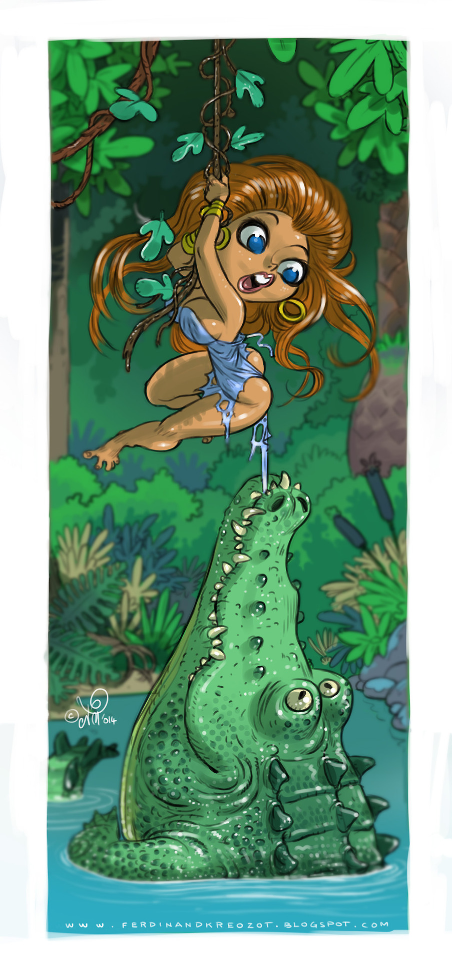 1girl 2014 ass biting blue_eyes bracelet brown_hair crocodile dress earrings jungle lake looking_down looking_up peril pulling reptile shiny shiny_skin torn_clothes torn_clothing vine water