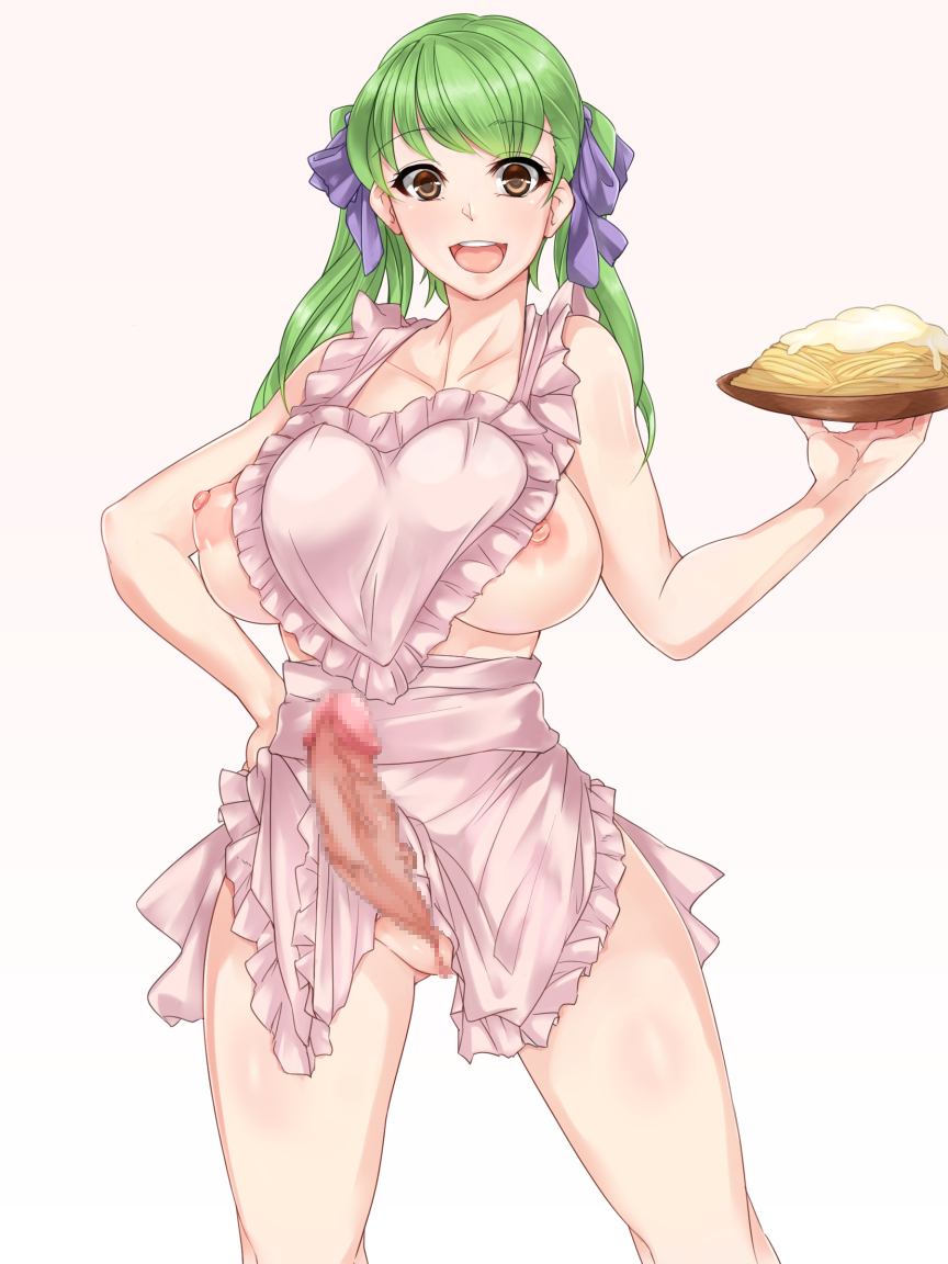 1girl apron artist_request bad_id breasts brown_eyes censored food futanari green_hair hair_ribbon large_breasts long_hair naked_apron nipples no_testicles open_mouth original penis plate pussy ribbon smile solo thighs twintails