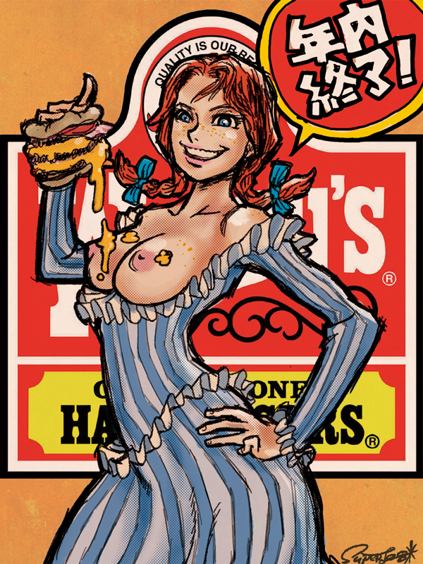 1girl areola blue_eyes breasts female_only food freckles grin hamburger mascots mustard nipples red_hair smile solo_female superlog wendy's wendy_(wendy's)