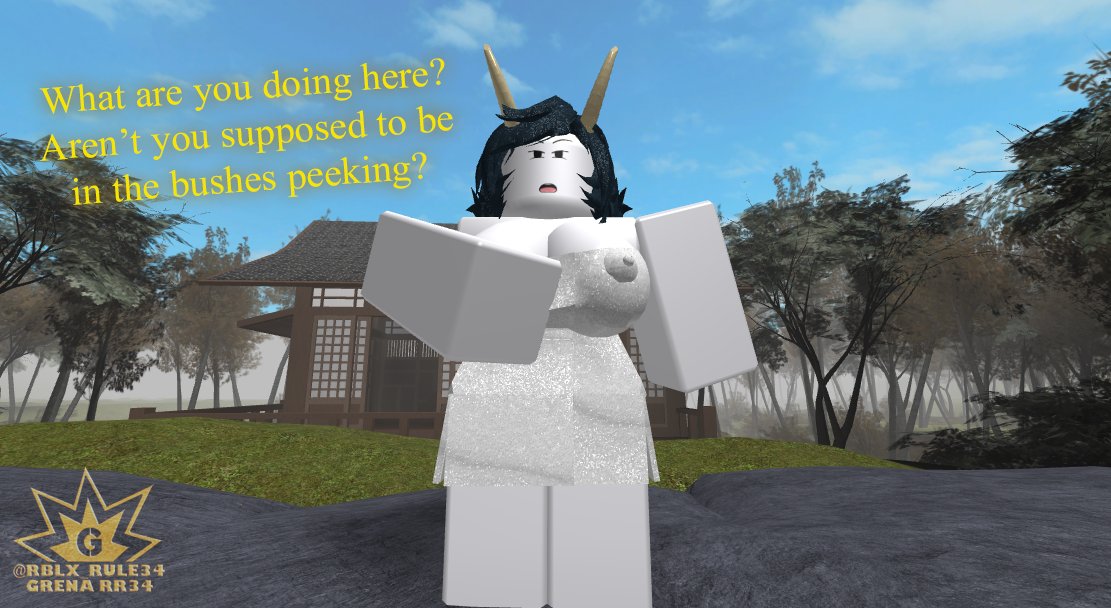 1girl 2018 black_hair caught cleavage english_text female_focus female_only grena horns looking_at_viewer nipple_bulge roblox serena_(grena) text towel white_skin
