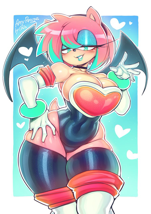 1girl 1girl 5_fingers amy_rose animal_ears anthro anthro_only bat_girl bat_wings big_breasts black_clothing black_wings breasts clothed clothed_female clothing female_anthro female_focus female_only furry furry_ears furry_female furry_only furry_tail gloves gofa green_eyes hand_on_leg heart hearts_around_body hedgehog hedgehog_humanoid high_res high_resolution huge_ass looking_at_viewer makeup pink_body pink_eyes pink_fur pink_skin rouge_the_bat rouge_the_bat_(cosplay) sega simple_background sonic_the_hedgehog_(series) stockings stockings thick_thighs thigh_high_boots tiara two_tone_hair white_gloves
