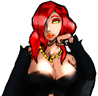 animated big_breasts breasts cleavage gif hair_over_one_eye innocent_unjust large_breasts lowres pixel_art red_hair xpisigma yellow_eyes