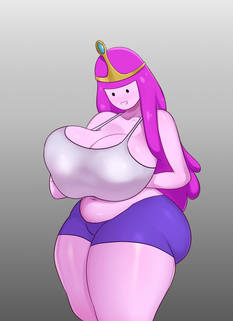 1girl adventure_time ass big_ass big_breasts bottomwear breasts cartoon_network cleavage clothed clothing crown female female_only headwear huge_breasts jigovax navel pink_body pink_hair pink_skin princess_bubblegum purple_shorts shorts solo solo_female tank_top thick_thighs thighs topwear white_tank_top