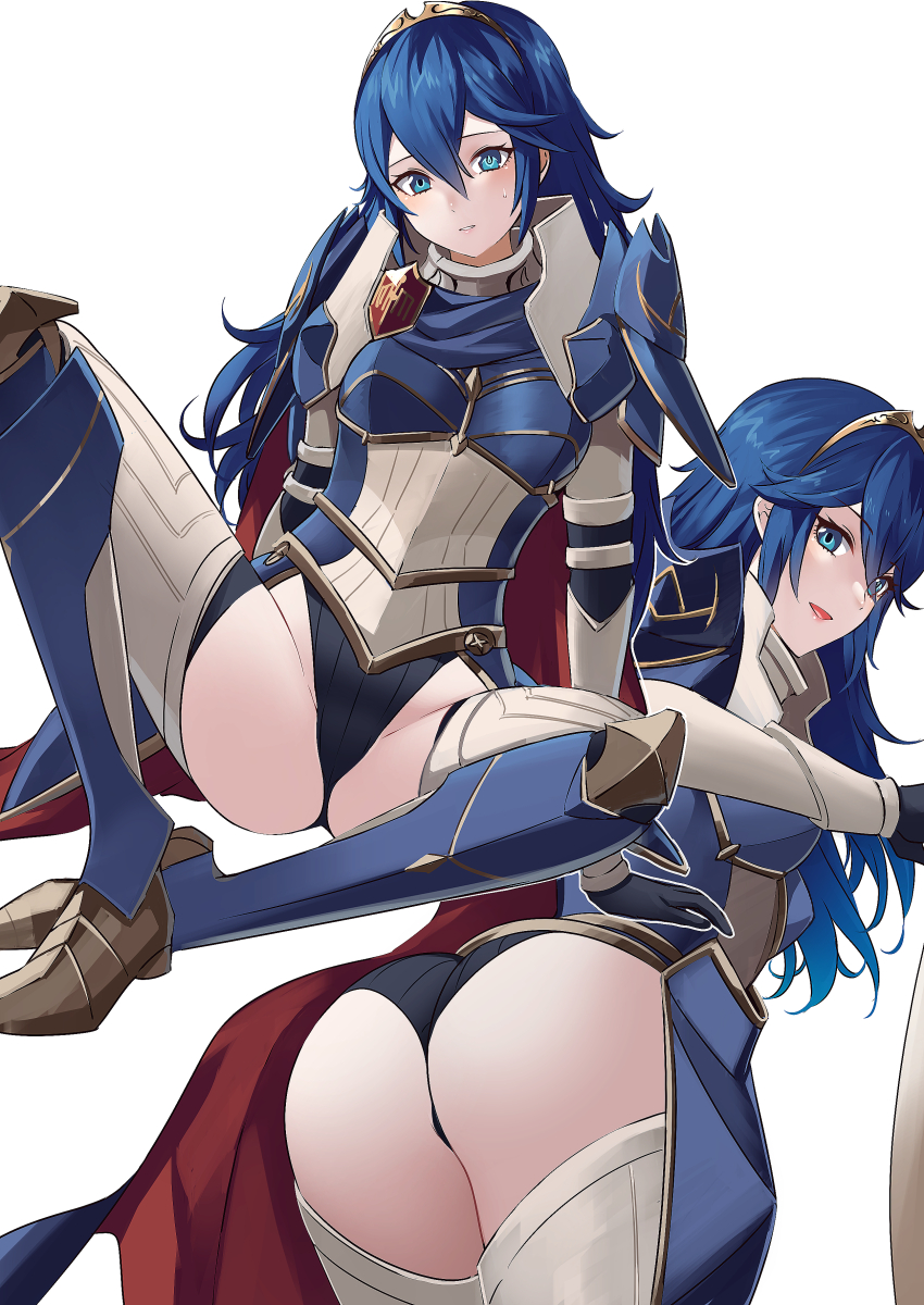 1girl 1girl 1girl alluring alternate_costume ameno_(a_meno0) armor ass bare_thighs bent_over big_ass black_leotard black_panties black_underwear blue_eyes blue_hair breastplate cape female_only fire_emblem fire_emblem_awakening fire_emblem_heroes groin hair_ornament high_res inner_thighs leotard long_blue_hair long_hair looking_at_viewer looking_back lucina lucina_(fate's_resolve)_(fire_emblem) lucina_(fire_emblem) multiple_views nintendo official_alternate_costume open_mouth panties shoulder_armor simple_background small_breasts smile spread_legs sweatdrop symbol-shaped_pupils thighs tiara underwear very_long_hair white_background