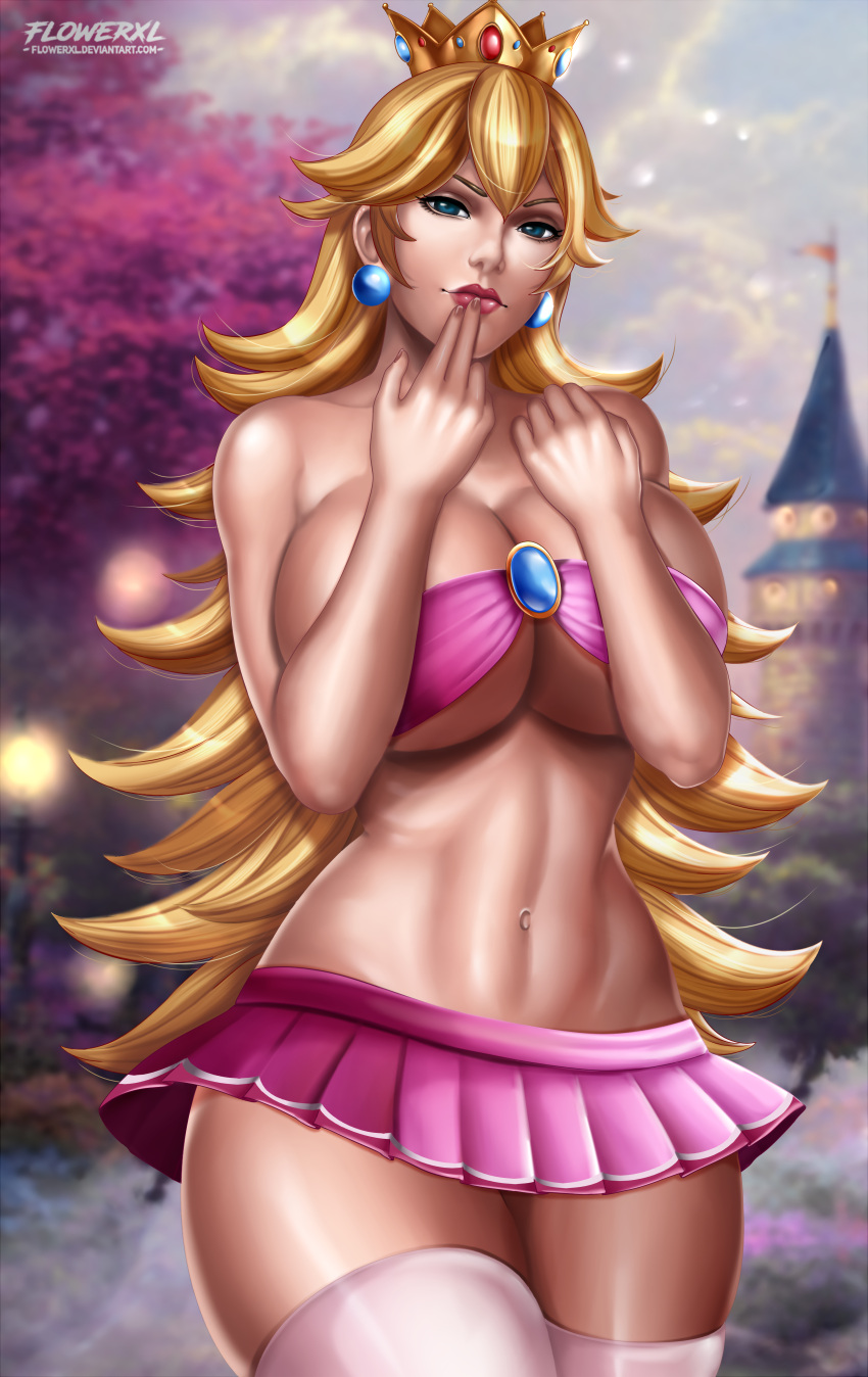 1girl alternate_breast_size alternate_version_available arms_on_breasts artist_logo ball_earrings blonde_hair blue_earrings blue_eyes breasts castle_background cleavage covering_nipples crown detailed_background elbow_gloves female_focus female_only flowerxl garter_belt gold_crown hand_on_breast hand_on_mouth huge_breasts huge_image human long_hair looking_at_viewer mario_(series) nintendo pink_bra pink_lipstick pink_skirt princess princess_peach ribbon_bra seductive send_kiss stockings thick_body thick_thighs