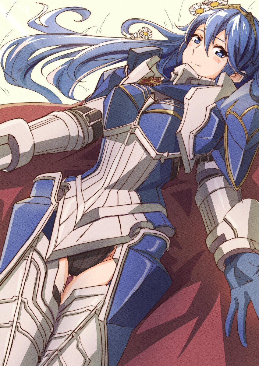 1girl 1girl absurd_res alluring armor black_leotard blue_eyes blue_gloves blue_hair breastplate cape closed_mouth fire_emblem fire_emblem_awakening fire_emblem_heroes flower gloves hair_between_eyes high_res leg_armor leotard long_hair looking_at_viewer lucina lucina_(fate's_resolve)_(fire_emblem) lucina_(fire_emblem) nintendo official_alternate_costume shoulder_armor smile symbol_in_eye to_(tototo_tk)