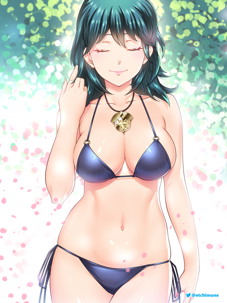 1girl 1girl 1girl alluring alternate_costume bangs bare_arms bare_shoulders big_breasts bikini blue_bikini blue_swimsuit byleth_(fire_emblem) byleth_(fire_emblem)_(female) cleavage closed_eyes commentary cowboy_shot etchimune facing_viewer fire_emblem fire_emblem:_three_houses green_hair hand_up jewelry long_hair medium_breasts nintendo pendant pink_lips side-tie_bikini smile standing stomach sweat swimsuit teal_hair
