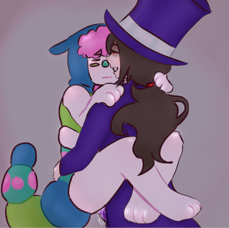 1girl 1nonbinary antennaes_under_hood anthro anthro/human blue_hood bug carrying_partner caterpillar clown clown_girl dominant_female exotic_hub_(artist) female_nonbinary humanoid_bug mach_(regretevator) multicolored_body multicolored_tail nonbinary_(lore) pilby_(regretevator) pink_hair regretevator roblox robloxian strap-on tophat