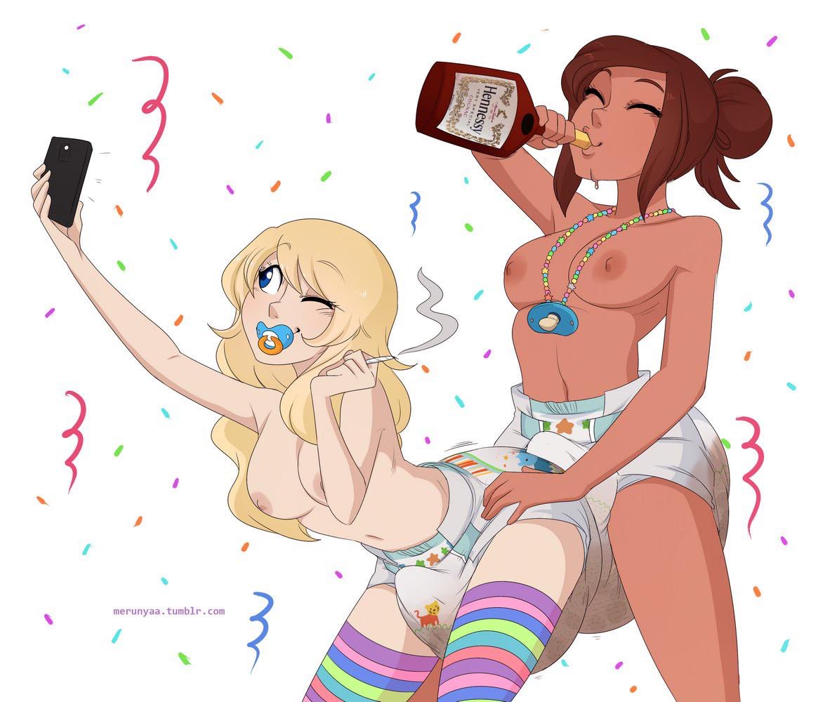 2_girls alcohol cigarette diaper drink drinking humping merunyaa messy_diaper no_shirt pacifier simple_background stink_lines yuri